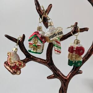 4 Mouth Blown Christmas Ornaments 2.5" Sleigh North Pole Cottage Santa Holiday